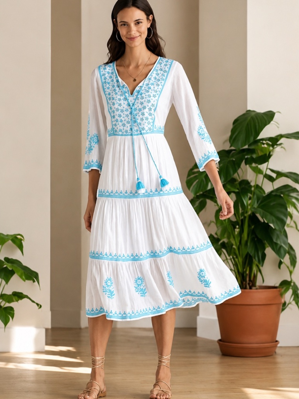 NWOT Soft Surroundings Juniper Sun Dress White Blue Embroidered Boho Midi Small